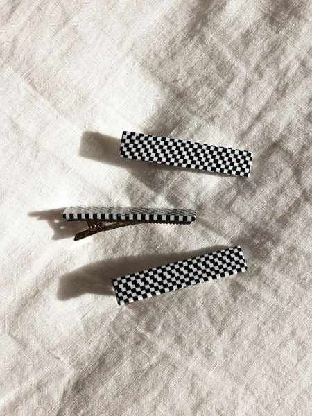 black and white checkered hair clips set