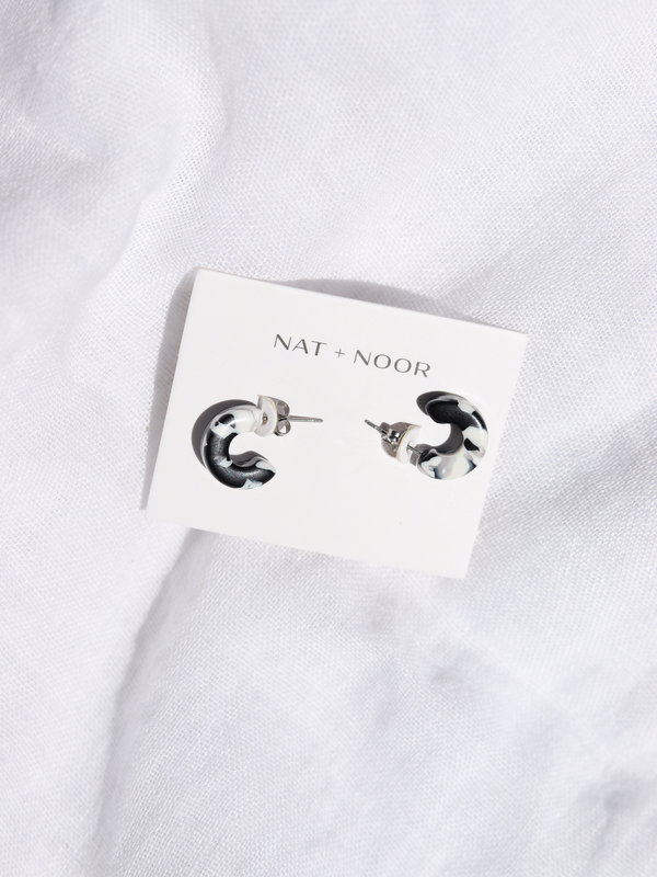 small black and white marbled hoop earrings